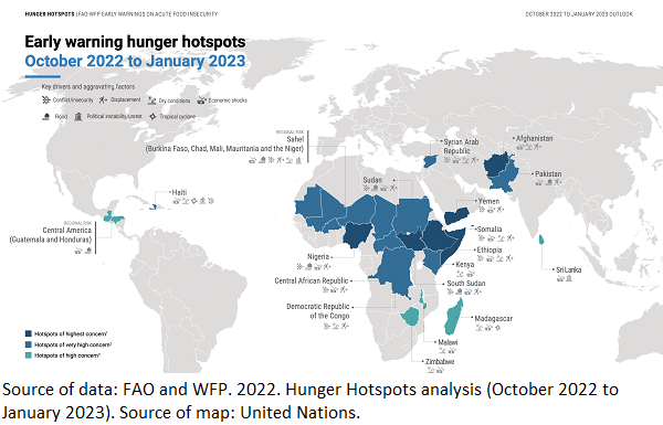 Source of data: FAO and WFP. 2022. Hunger Hotspots analysis (October 2022 to
January 2023). Source of map: United Nations.