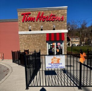 Brighton Ontario Tim Horton's displays Orange Campaign sign