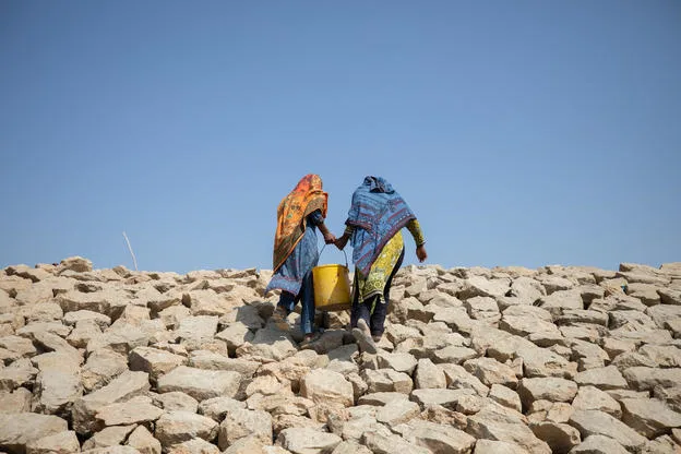 Women in Sindh Pakistan collec stagnant flood water to wash clothes.