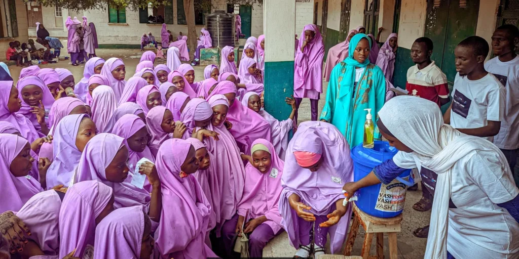 A youth group in Nigeria demonstrates handwashing techniques to a group of school children.
